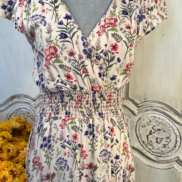 Angie Floral V-Neck Cap Sleeve Smocked Waist Maxi Dress Cottage Prairie Boho - Picture 3 of 9